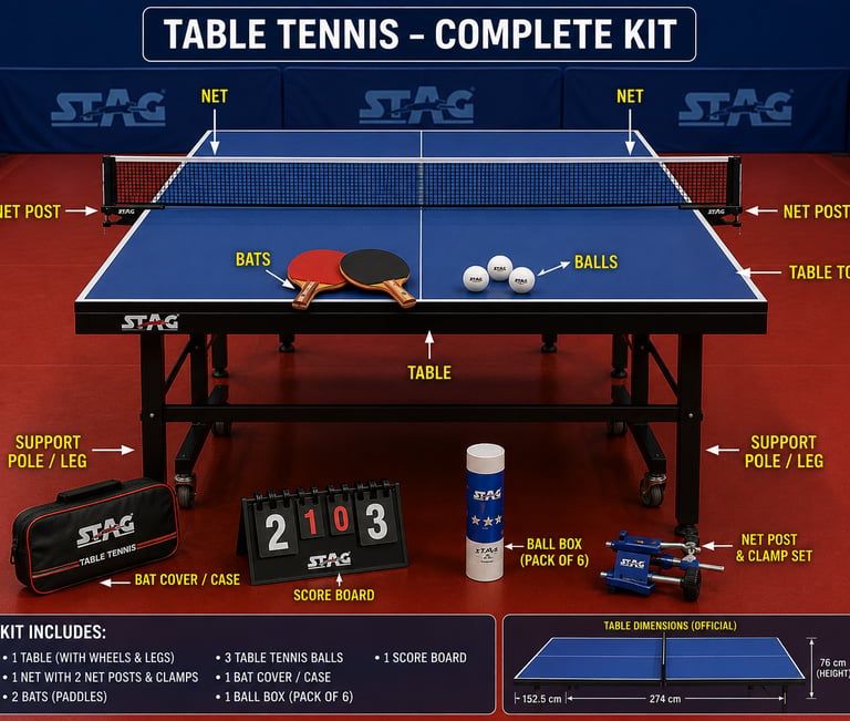 A complete Stag table tennis kit featuring a blue indoor ping pong table with paddles, balls, and net.