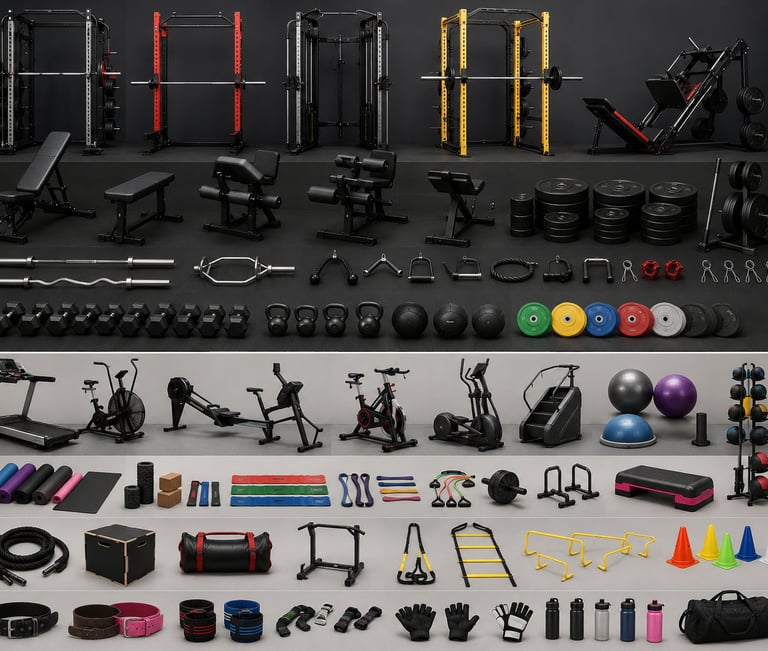 A large collection of gym equipment including power racks, dumbbells, treadmills, and weight plates.