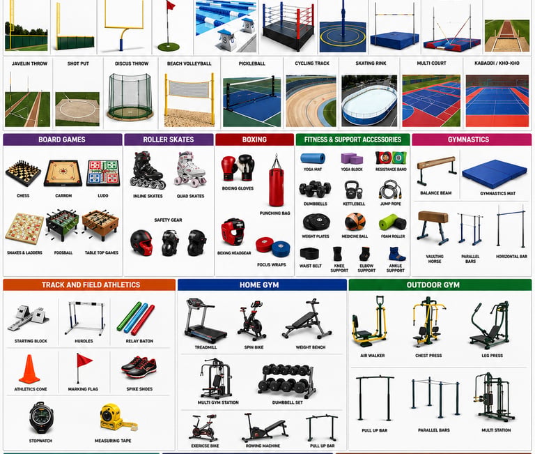Comprehensive collection of sports equipment including basketball nets, tennis rackets, boxing gloves, and home gym machines.