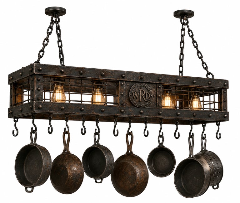 Industrial island light with hanging pot rack featuring Edison bulbs and rustic metal finish.