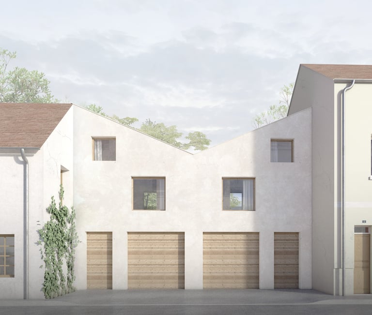 a row of garage doors with garage doors open