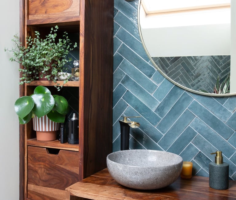 a bathroom with a sink and a wooden cabinet