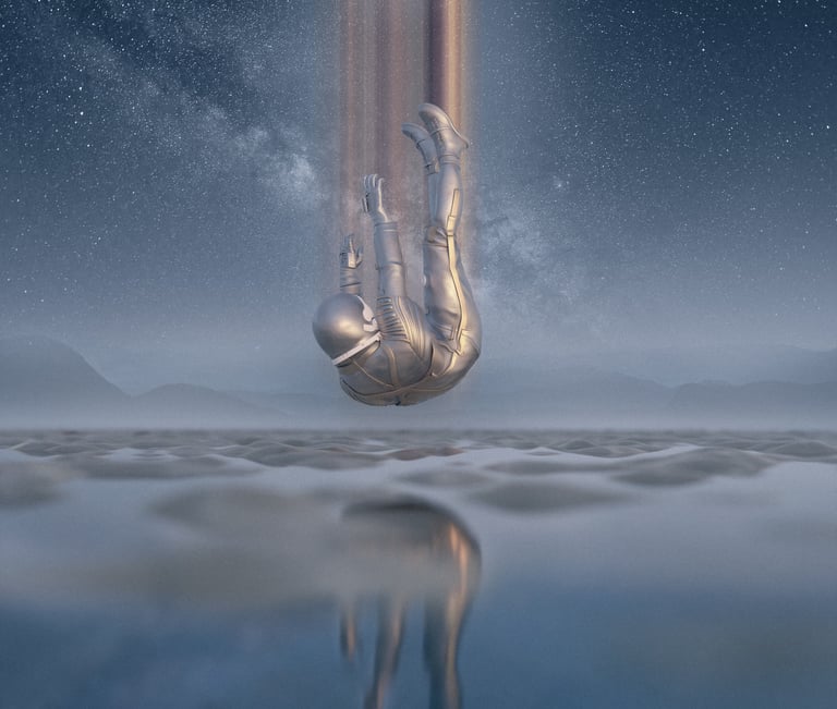 a person in a space suit falling to earth