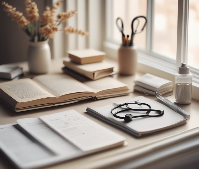 A calm, beautifully styled healthcare workspace with medical textbooks, a stethoscope, neatly arrang
