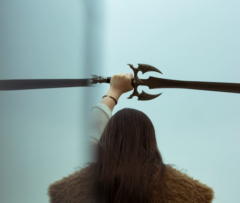 A woman in a fur vest holding a medieval fantasy sword against a foggy outdoor background.