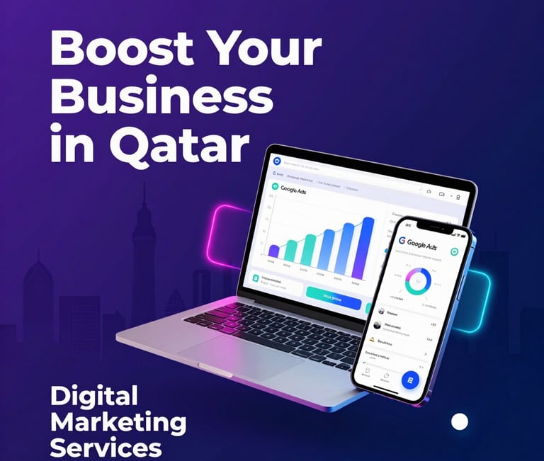 Digital marketing services in Qatar featuring a laptop and phone displaying SEO analytics data.