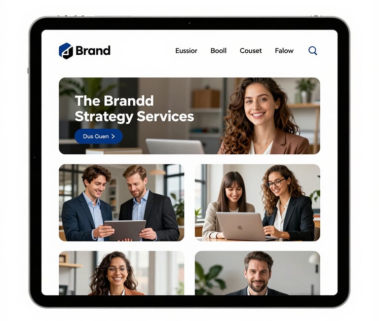 A tablet displaying a modern brand strategy services website with diverse professional consultants.