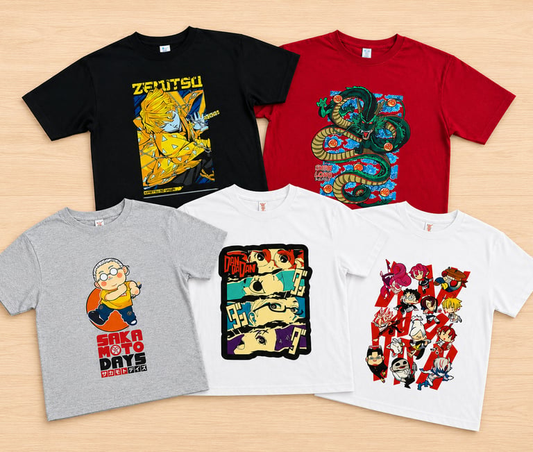 Conjunto de playeras de diferente colores con impresos de animes 