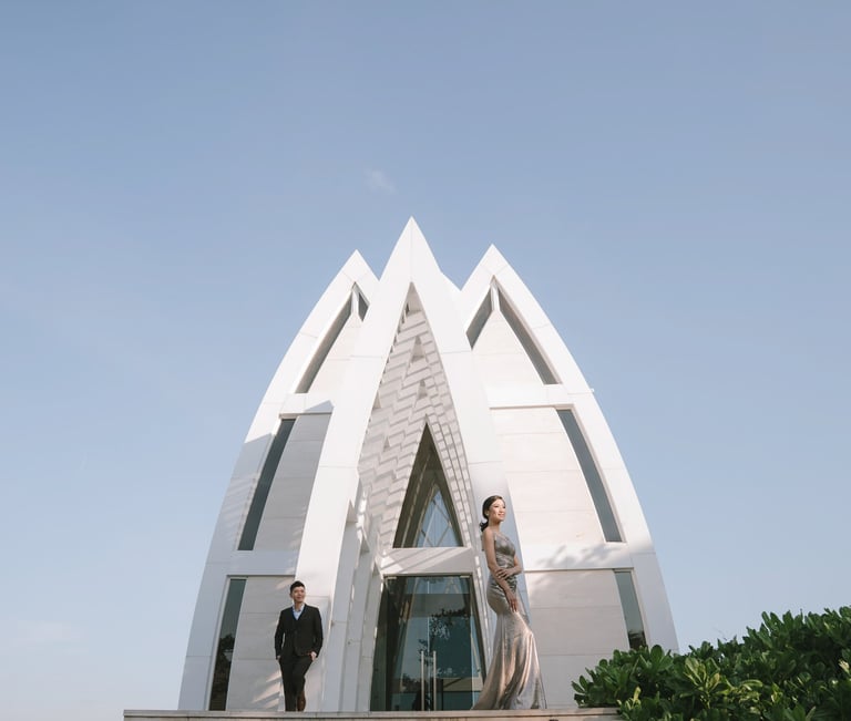 Prewedding couple in front of chapel at The Ritz-Carlton Nusa Dua Bali.