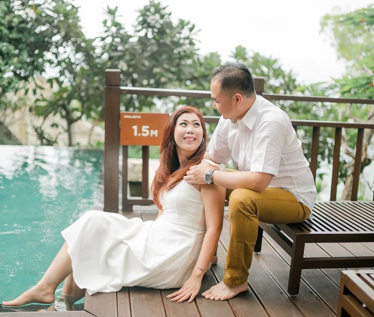 Selly couple portrait on the villa deck at Karma Kandara Uluwatu Bali  