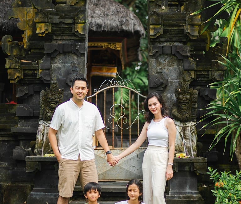 family photography session at Westin Nusa Dua Bali resort entrance with tropical architecture