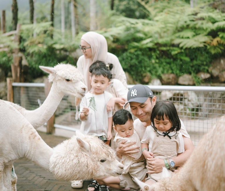 Family with alpaca during a family photography session at Bali Farm House Bedugul Bali.