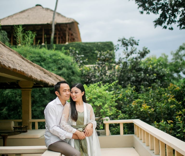 Prewedding couple portrait on balcony at Amankila Karangasem Bali