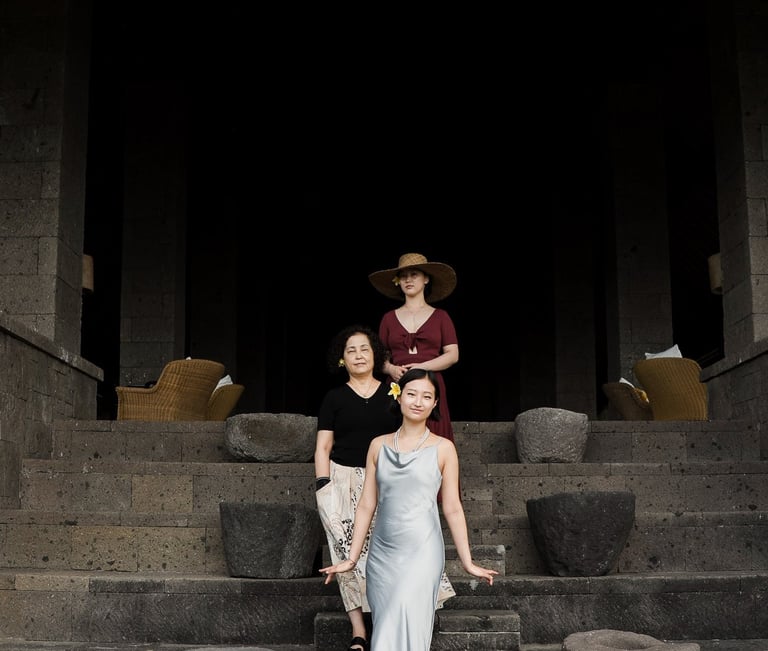 Zhang family multi-generational portrait at Bvlgari Resort Uluwatu Bali overlooking the Indian Ocean, luxury family  in Bali