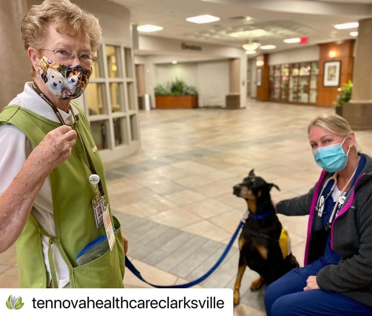 Janet and her therapy dog Bentley visit with a nurse at Tennova Healthcare.