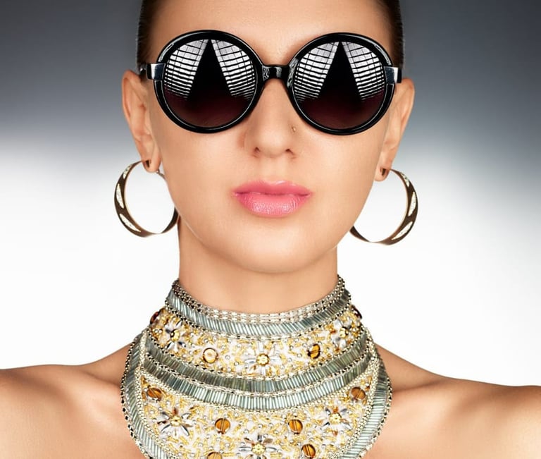 a woman wearing a choker and sunglasses