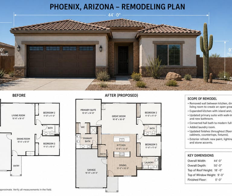 Home remodeling plan in Phoenix, Arizona showing before and after floor plans and a modern exterior rendering.