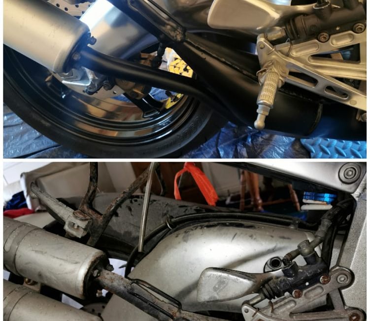 Aprilia RS250 before and after restoration swingarm and exhausts