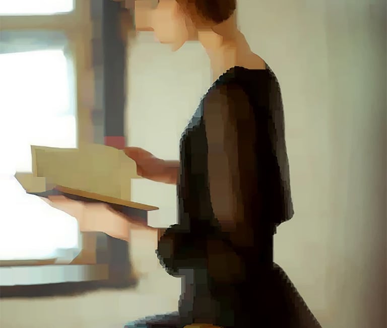 a woman sitting on a chair with a book