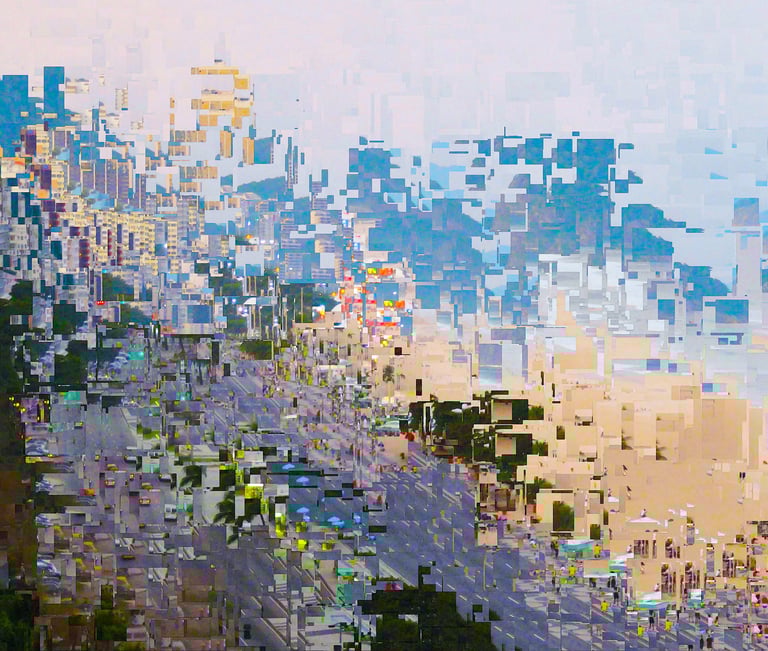 a city street scene with a view of a city