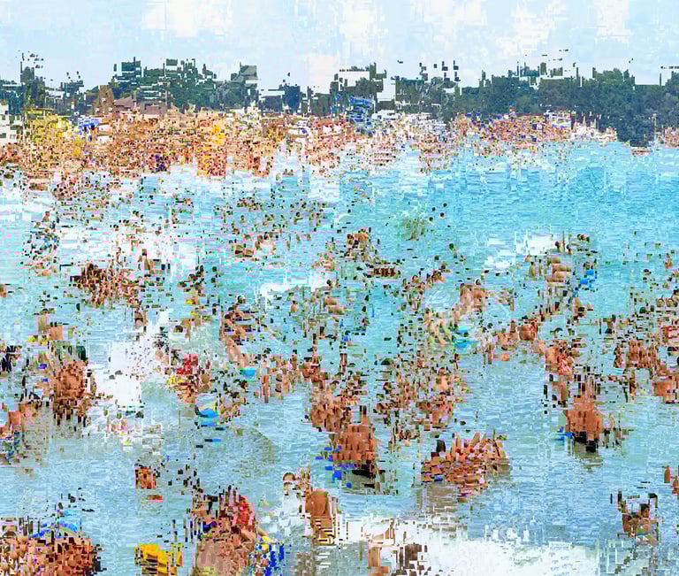 a large group of people are gathered around a large body of water