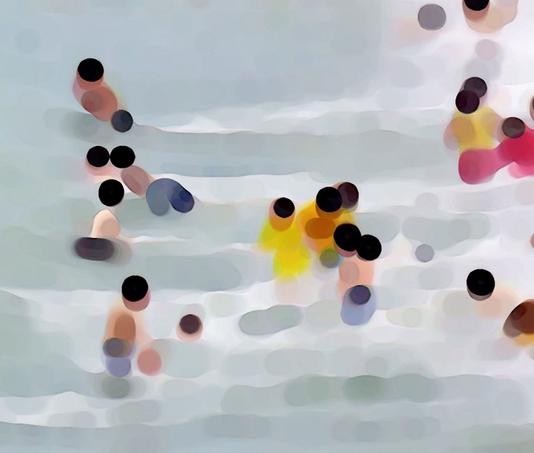 a group of people running in the water