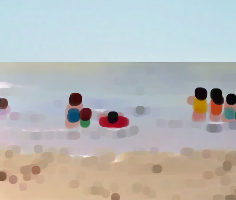 a group of people standing in a line of colorful circles