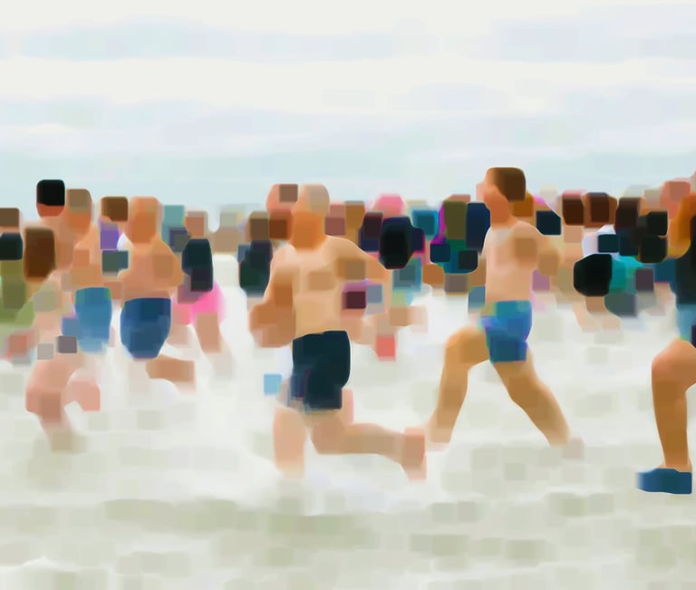 A group of people running in the water