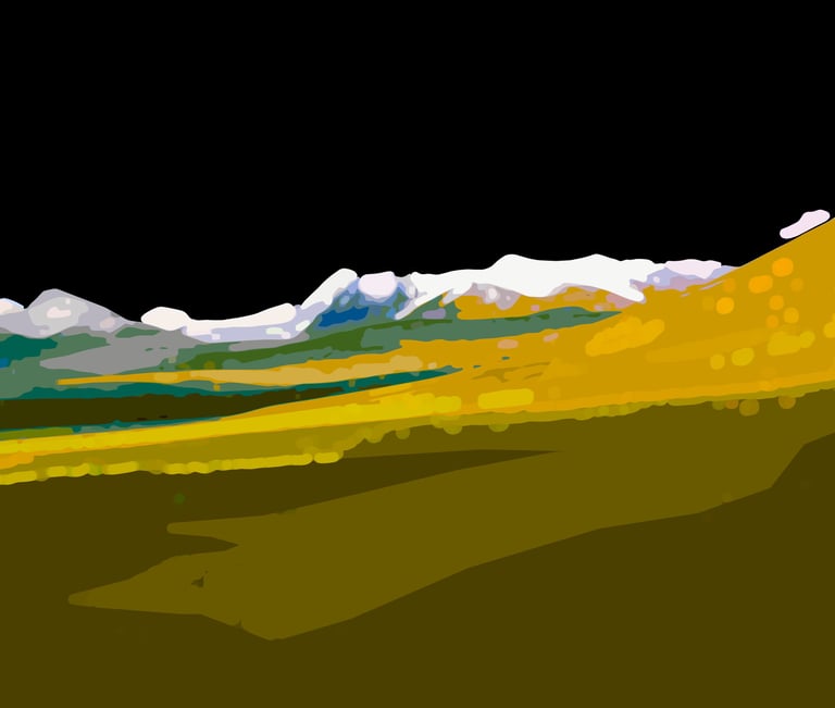 a mountain scene with a mountain range in the background