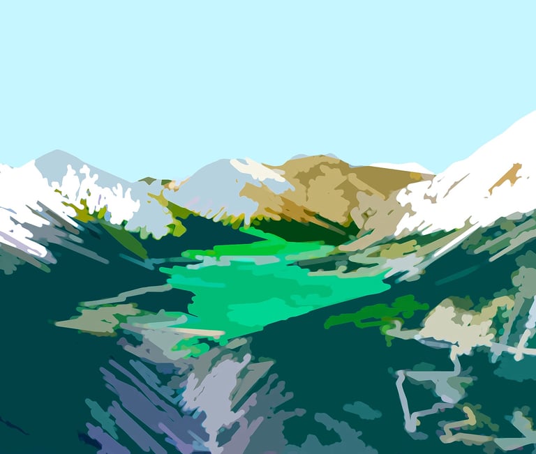 a mountain scene with a river and a mountain in the background