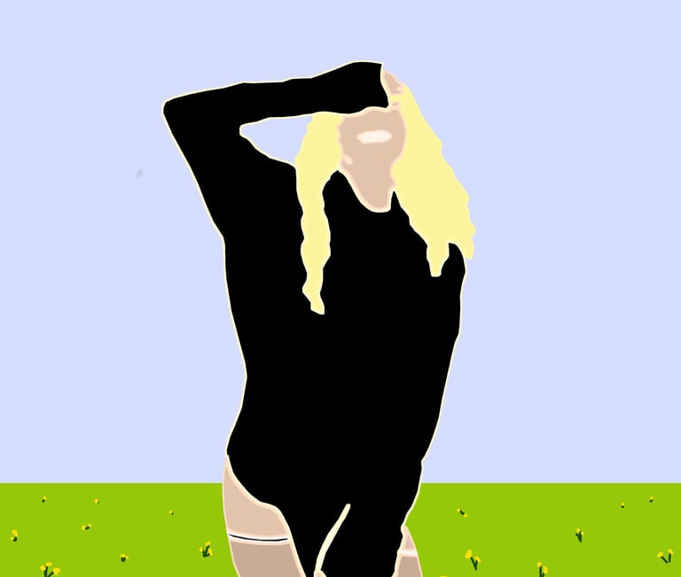 a woman in a black top and white pants