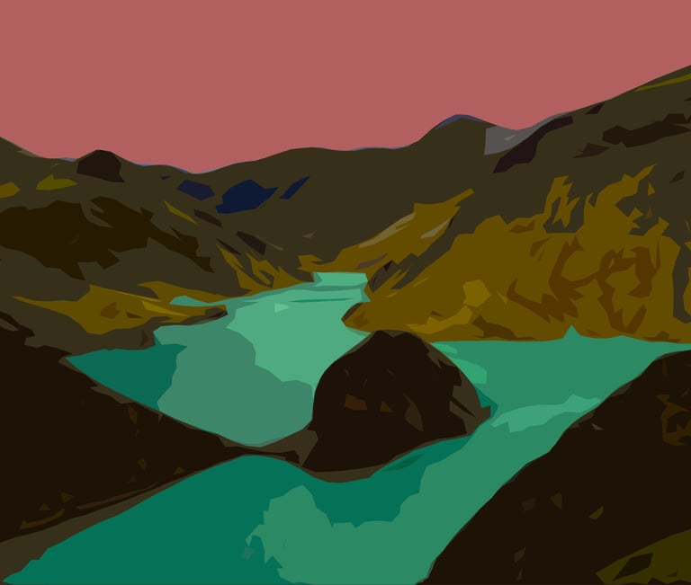 a painting of a mountain scene with a river