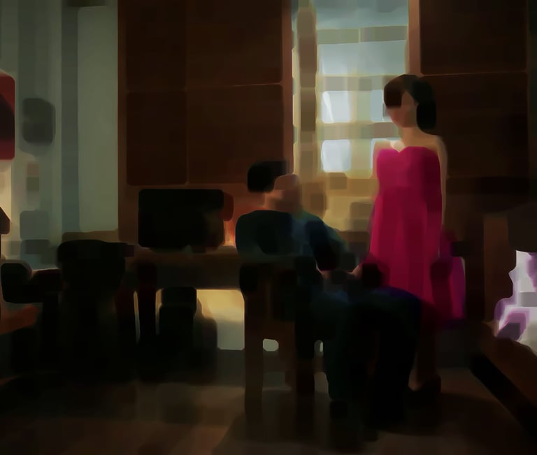 a woman in a pink dress standing in front of a mirror