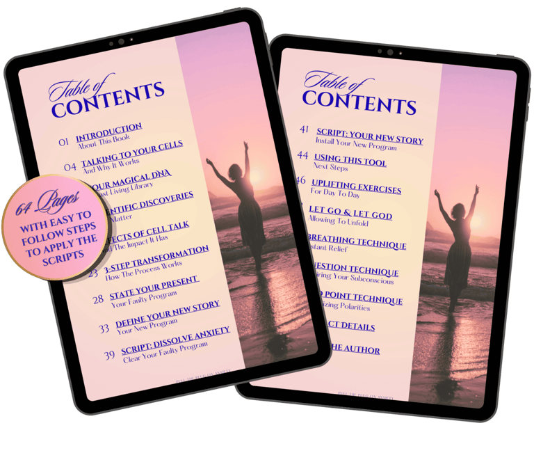 2 pages table of contents of the ebook "Pull The Plug On Anxiety" shown both slightly tilted towards each other in a tablets