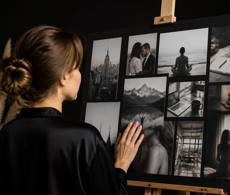A woman creates a visual mood board of black and white photography on a wooden easel for creative inspiration.
