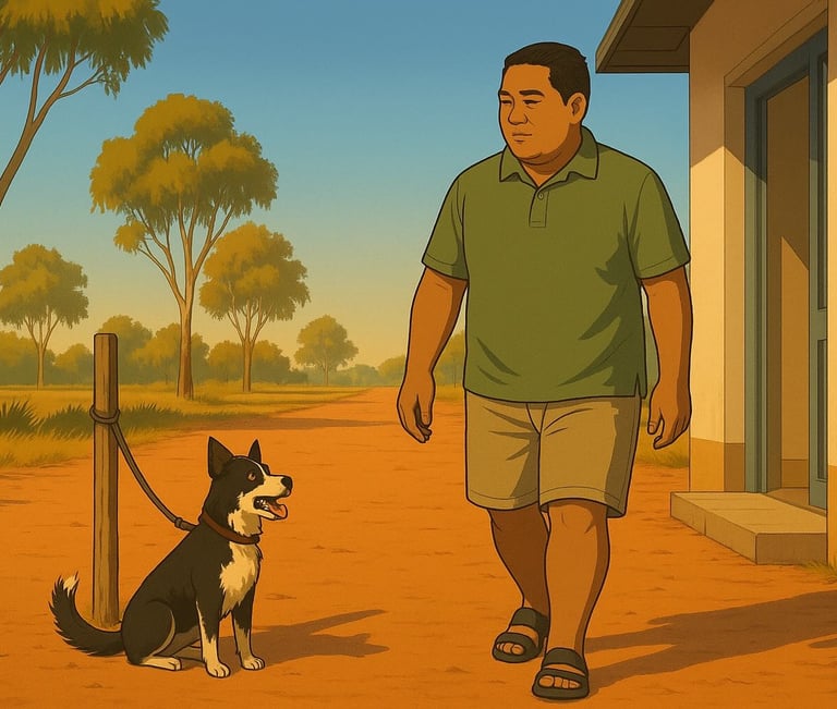 Tongan man calmly walking past a tethered dog in bright Robinvale morning light, relaxed posture and steady confidence.