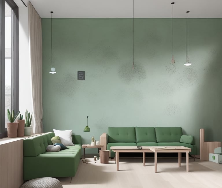 a living room with a green couch and a green couch