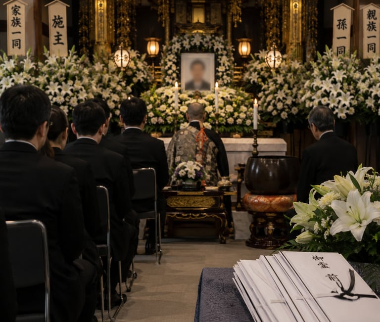 A traditional Japanese Buddhist funeral ceremony with a monk praying before an altar decorated with white lilies.