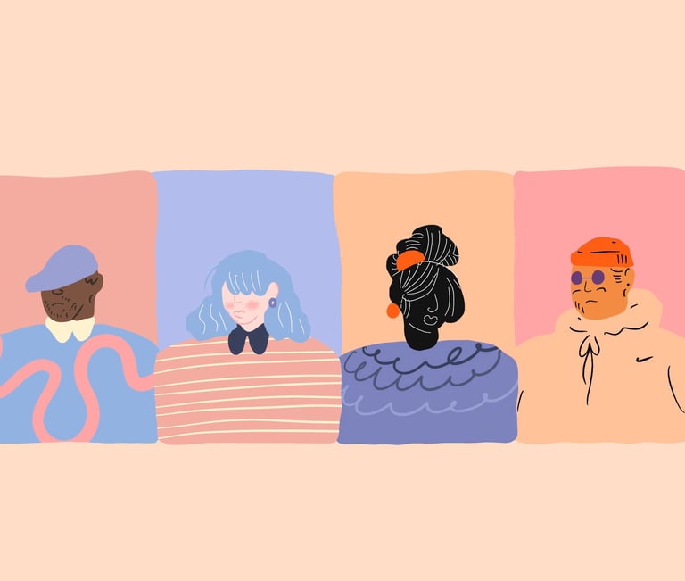 Könül Kina Bayramova flat illustration a group of people standing in front of a wall