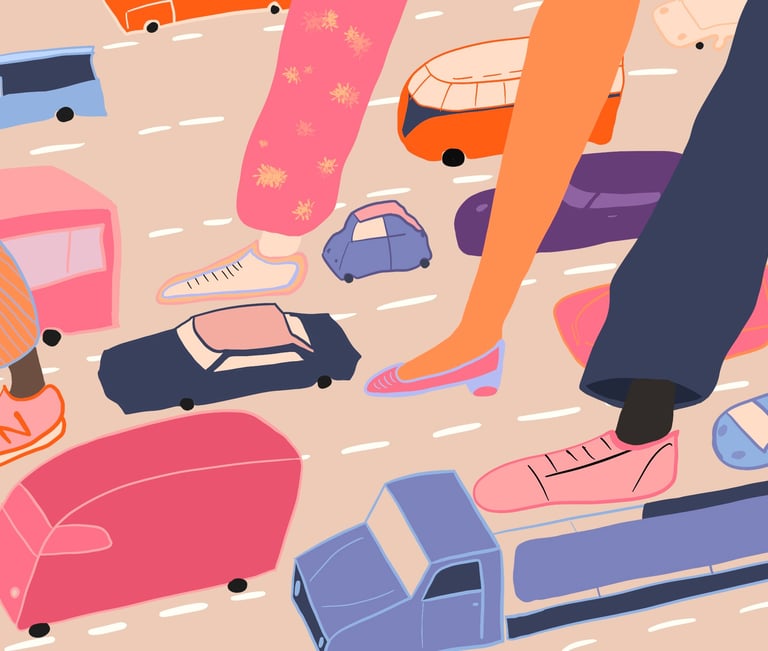 Könül Kina Bayramova flat illustration a person standing on a street with many different cars