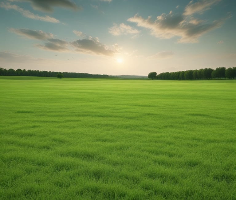 A well-maintained lawn area with green artificial grass is shown. There are steps covered with the same grass leading up to a building with a brick facade, which has several rectangular flower pots arranged on vertical racks attached to the wall. These pots contain red and pink flowers. To the left, there is a small tree and to the far left, parked cars are visible next to a concrete path.