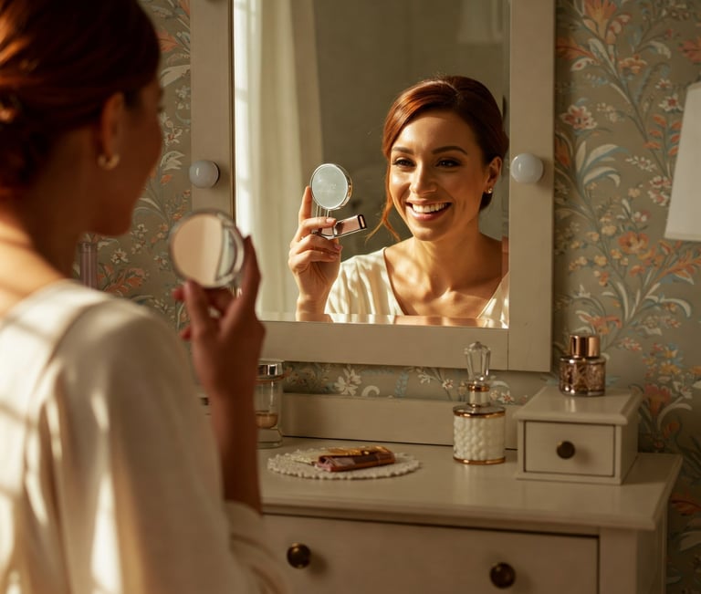 Mujer o persona de género neutro sonriendo mientras se mira en el espejo, con luz natural suave.