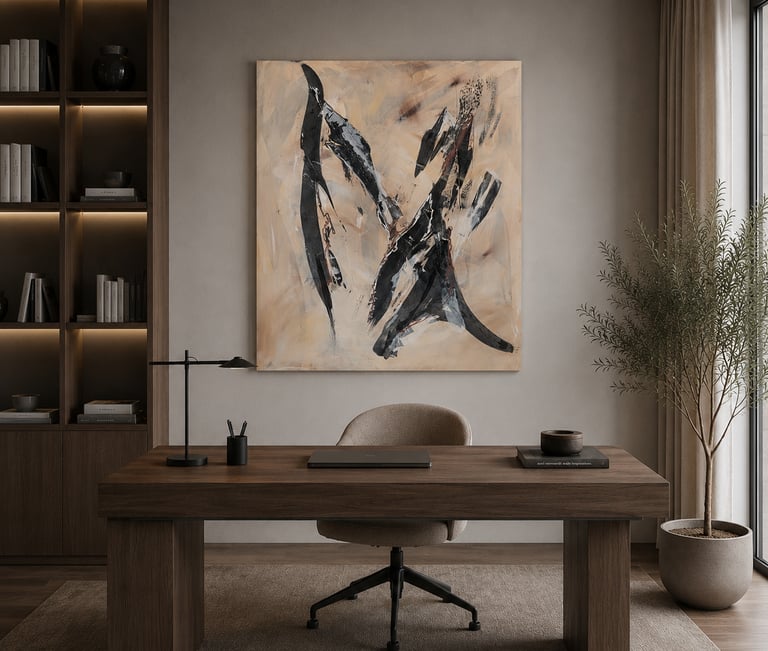 Modern home office featuring a dark wood desk, abstract wall art, and a minimalist bookshelf with lighting.