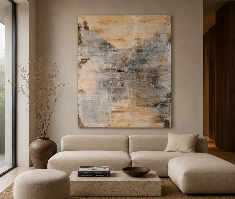 Modern minimalist living room featuring a large abstract canvas painting above a beige sectional sofa.