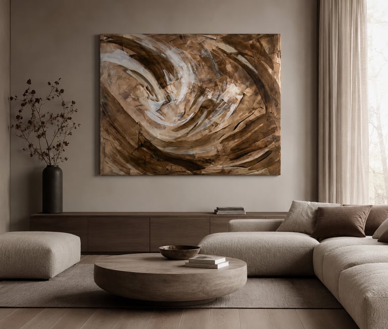 Modern living room with a large brown abstract painting above a beige sectional sofa and wooden coffee table.