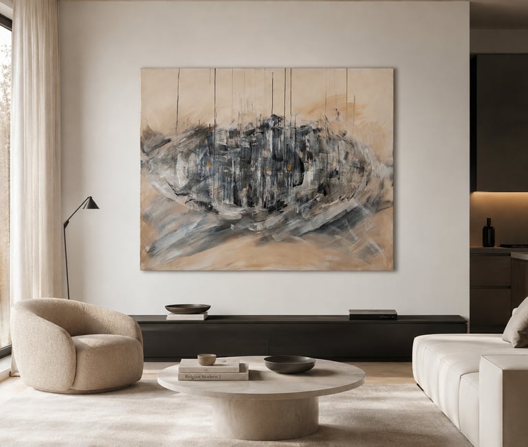 Large abstract city skyline painting in a minimalist living room with a round stone coffee table and boucle chair.
