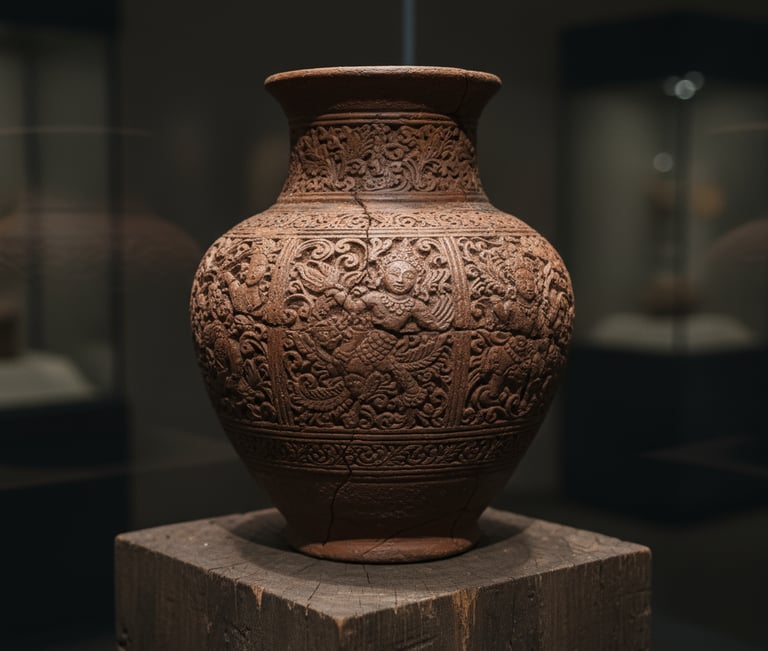 A reddish-brown terracotta vessel intricately carved with ancient figures and ornate floral patterns