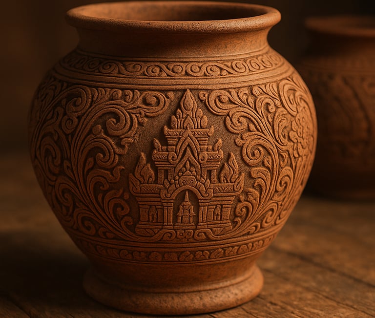 Handcrafted terracotta vessel with intricate temple-inspired carvings, symbolizing sacred harmony an