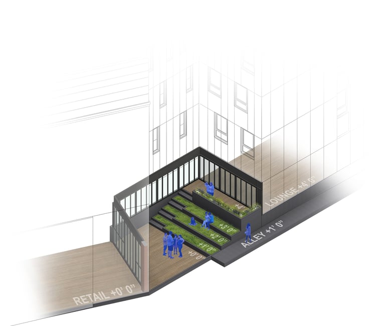 a rendered diagram of a courtyard garden space