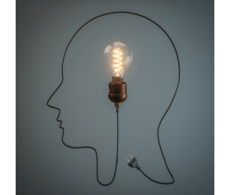 Grafik eines Kopfes aus einem Kabel mit leuchtender Glühbirne für Innovation und Klarheit – Sarah He